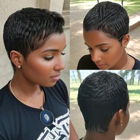 Women's Elegant Elf Haircut Non-toxic Wig - Brazilian Remy Real Hair, Natural Color, Short Straight Hair, All Machine-made, With Buckle Cap. (Option: 1B-6inch)