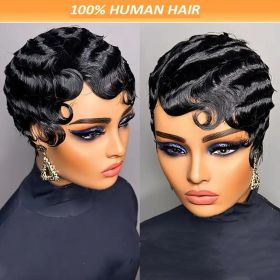 Ladies' Stylish 6-inch Deep Wave Elf Haircuts Non-toxic Wigs-Peru Remy Hair, Ocean Wave Style, Short Elf Wigs. (Option: Black-6inch)