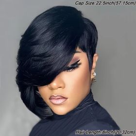Straight Black Elegant 8 PixieCut Wig For Women -Glueless Human Hairwith Long Bangs, Everyday Style Wig L SleekShort Wig   Wig Accessories (Option: Black-8inch)